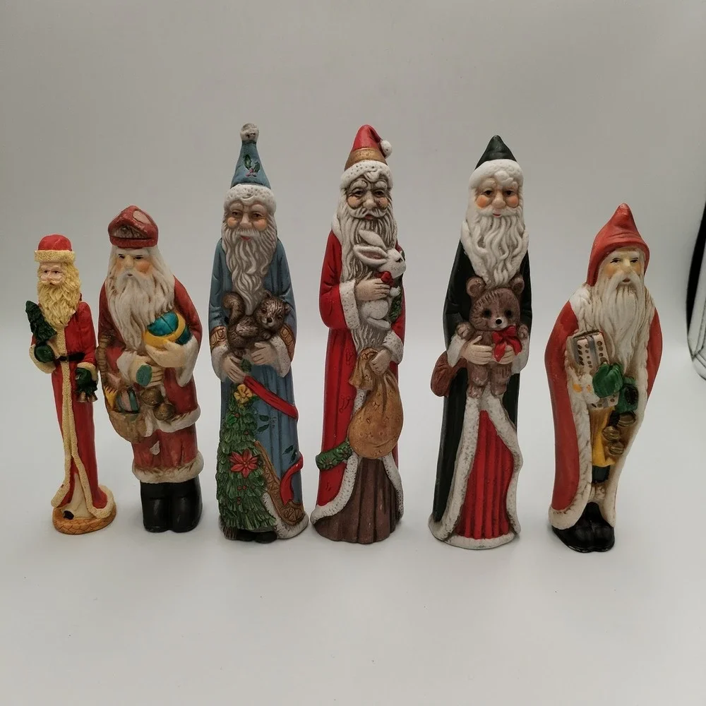 Set 6 Vtg Santa Claus Figurines Father Christmas Woodland Animals Resin 4-8 In